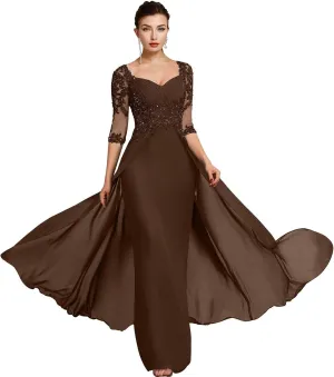 Women's Lace Appliques Mother of The Bride Dresses with 3/4 Sleeve Formal Evening Gowns
