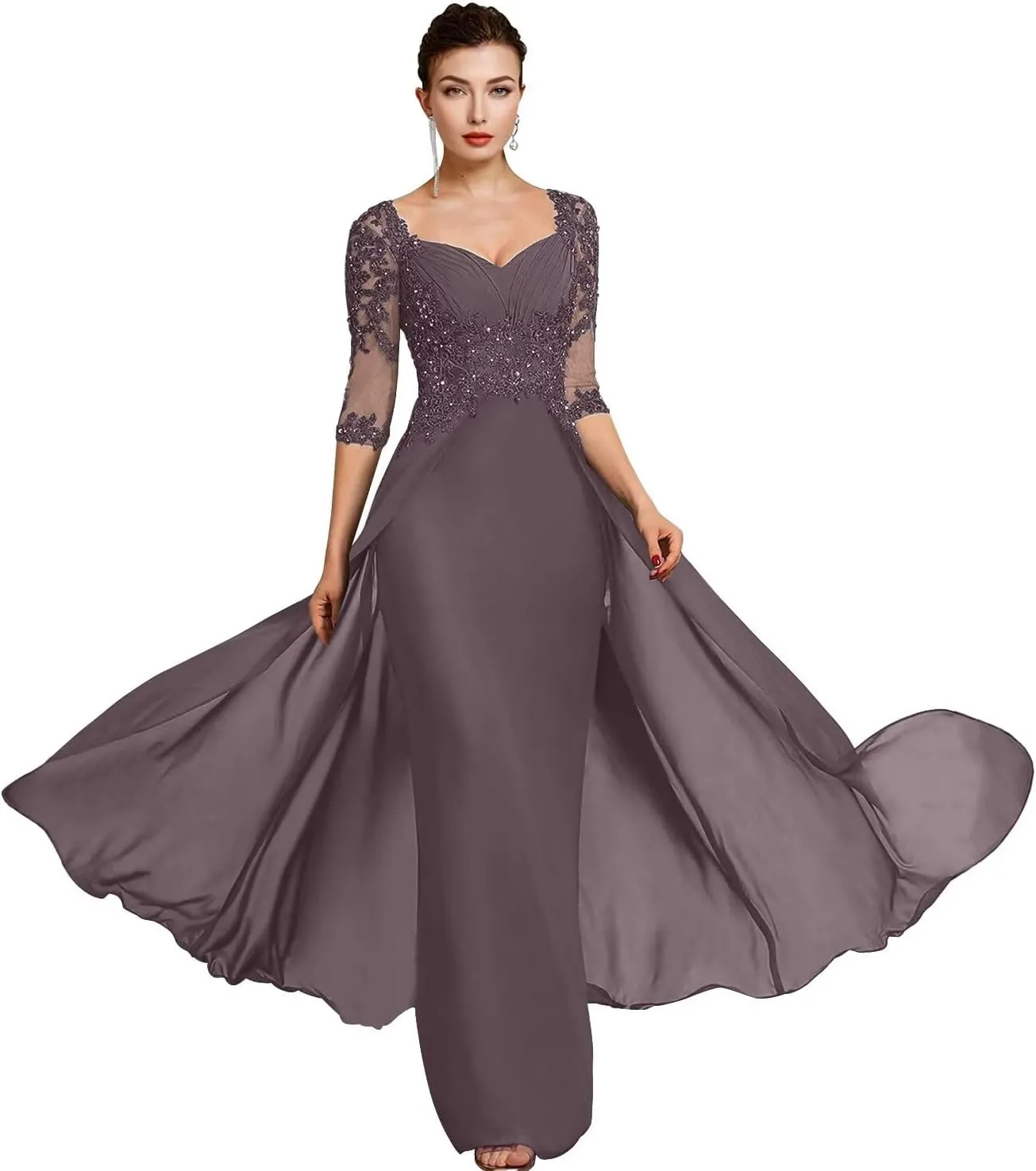Women's Lace Appliques Mother of The Bride Dresses with 3/4 Sleeve Formal Evening Gowns