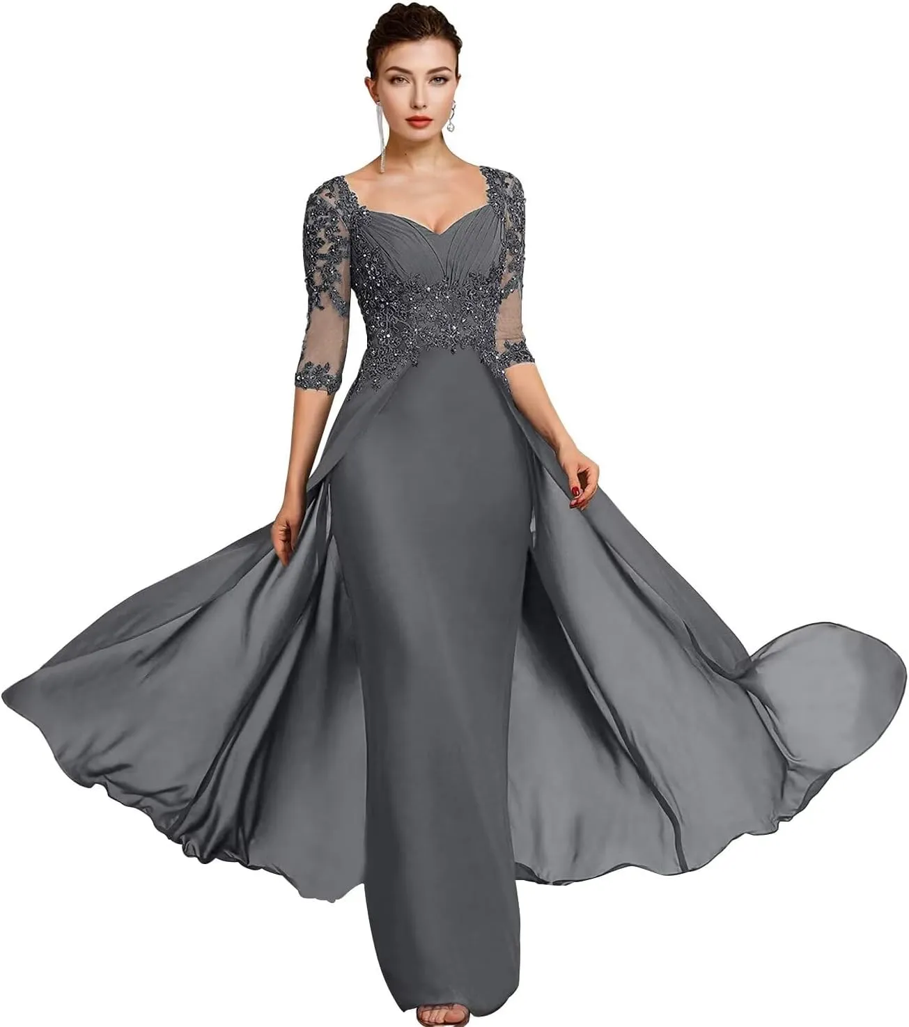 Women's Lace Appliques Mother of The Bride Dresses with 3/4 Sleeve Formal Evening Gowns