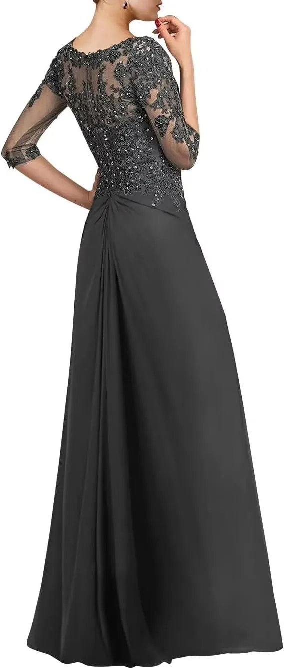 Women's Lace Appliques Mother of The Bride Dresses with 3/4 Sleeve Formal Evening Gowns