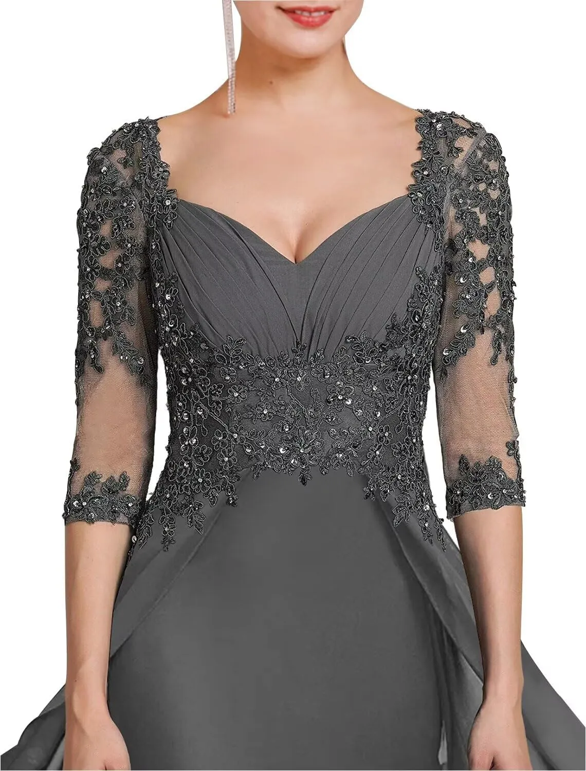 Women's Lace Appliques Mother of The Bride Dresses with 3/4 Sleeve Formal Evening Gowns
