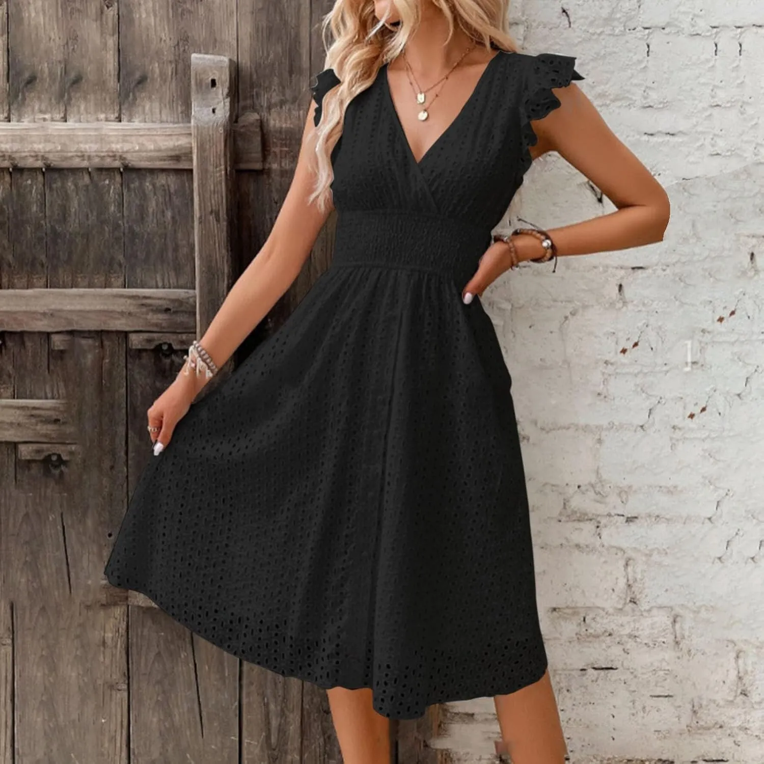 Women's Lace Jacquard Cutout Maxi Dress Summer Casual Boho Dress Ruffle Sleeve A Line Dresses Flowy Swing Sun Dress