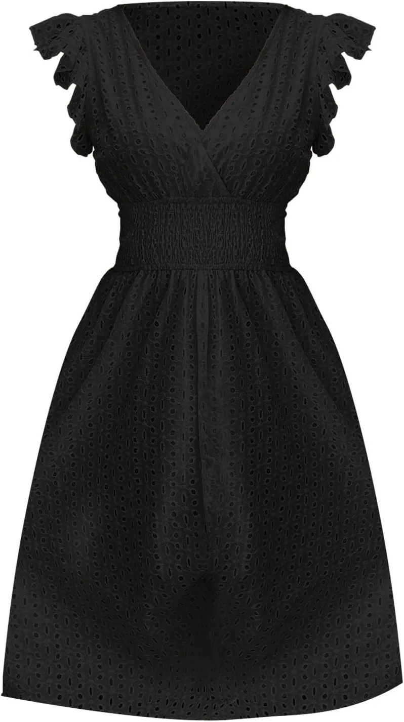 Women's Lace Jacquard Cutout Maxi Dress Summer Casual Boho Dress Ruffle Sleeve A Line Dresses Flowy Swing Sun Dress