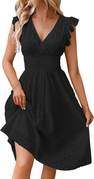 Women's Lace Jacquard Cutout Maxi Dress Summer Casual Boho Dress Ruffle Sleeve A Line Dresses Flowy Swing Sun Dress