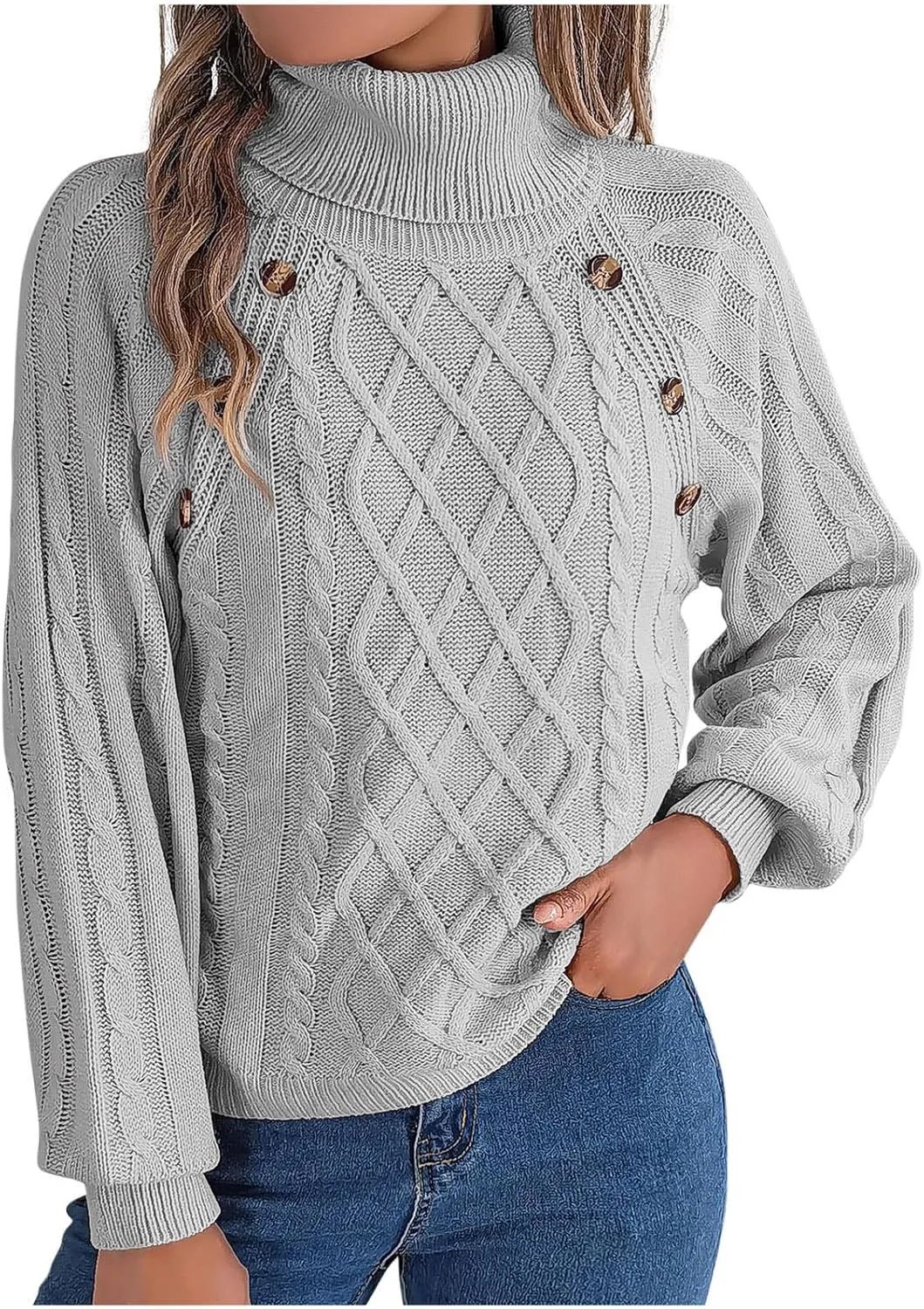 Women's Lantern Long Sleeve Sweaters Oversized Turtleneck Cozy Chunky Cable Knit Tunic Sweater Pullover Jumper Tops