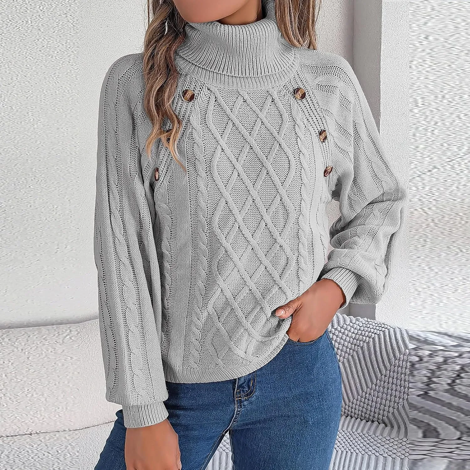 Women's Lantern Long Sleeve Sweaters Oversized Turtleneck Cozy Chunky Cable Knit Tunic Sweater Pullover Jumper Tops