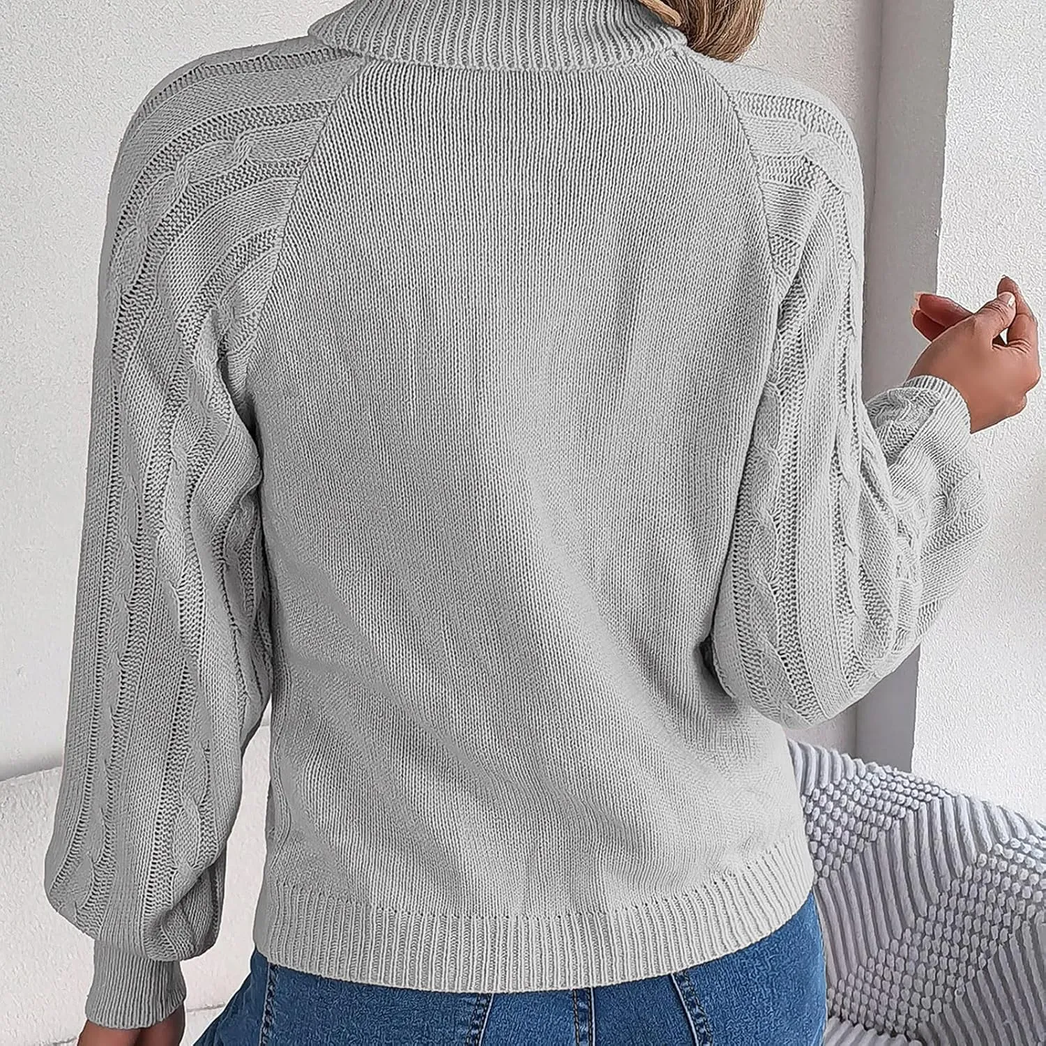 Women's Lantern Long Sleeve Sweaters Oversized Turtleneck Cozy Chunky Cable Knit Tunic Sweater Pullover Jumper Tops