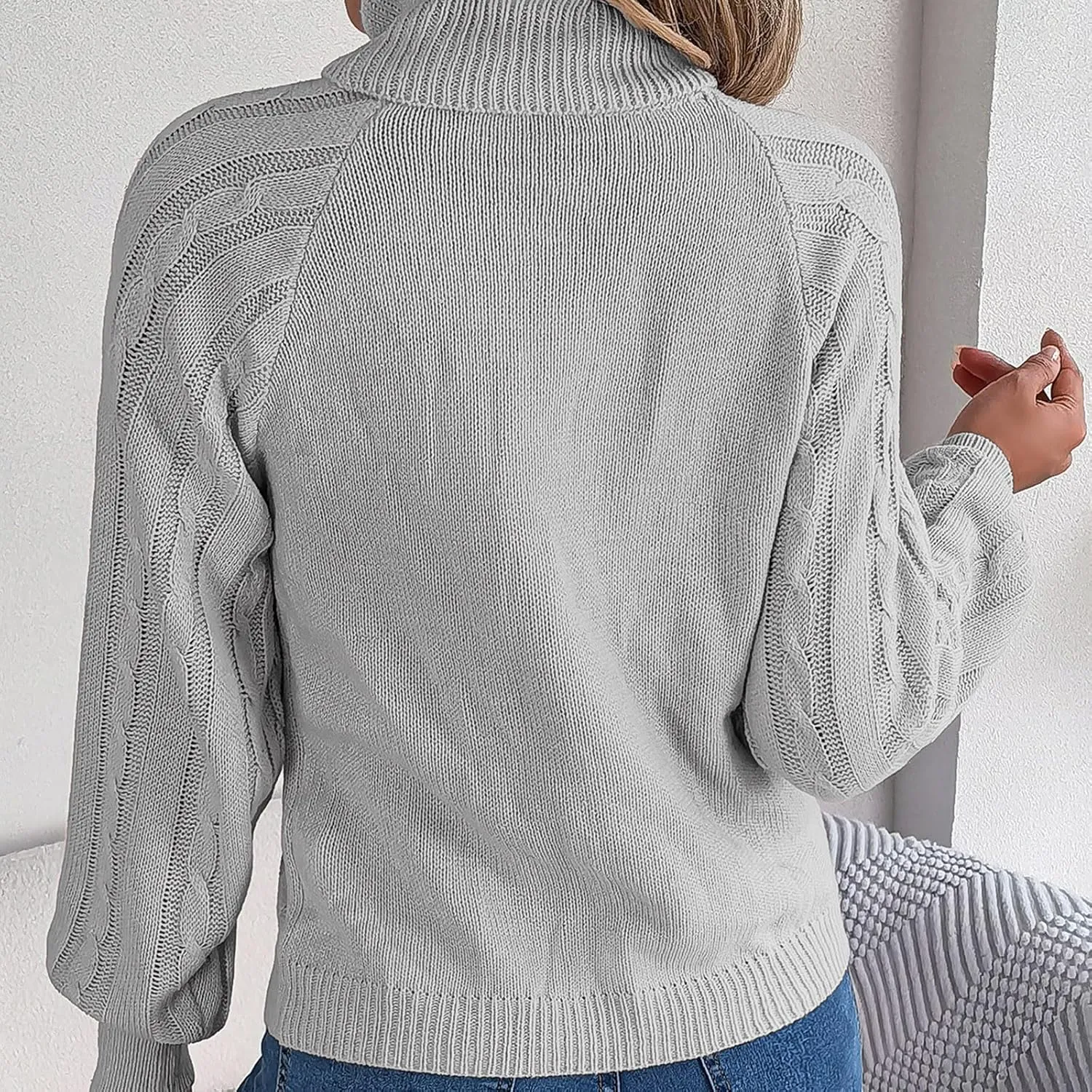 Women's Lantern Long Sleeve Sweaters Oversized Turtleneck Cozy Chunky Cable Knit Tunic Sweater Pullover Jumper Tops