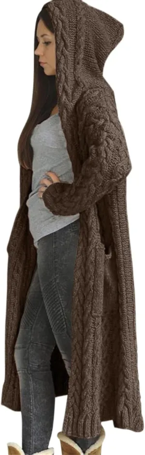 Womens Long Cardigan Sweaters Open Front Oversize Casual Cable Knit Hoodies Long Sleeve Fashion Winter Coats Pockets