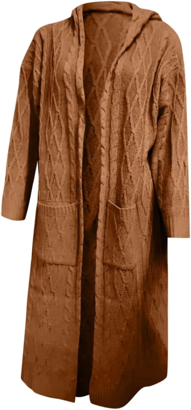 Womens Long Cardigan Sweaters Open Front Oversize Casual Cable Knit Hoodies Long Sleeve Fashion Winter Coats Pockets