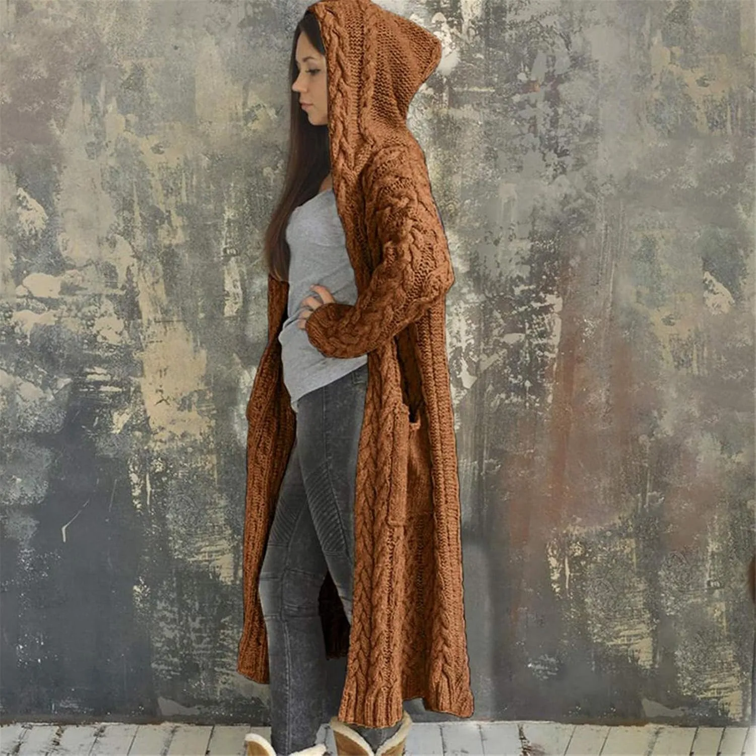 Womens Long Cardigan Sweaters Open Front Oversize Casual Cable Knit Hoodies Long Sleeve Fashion Winter Coats Pockets