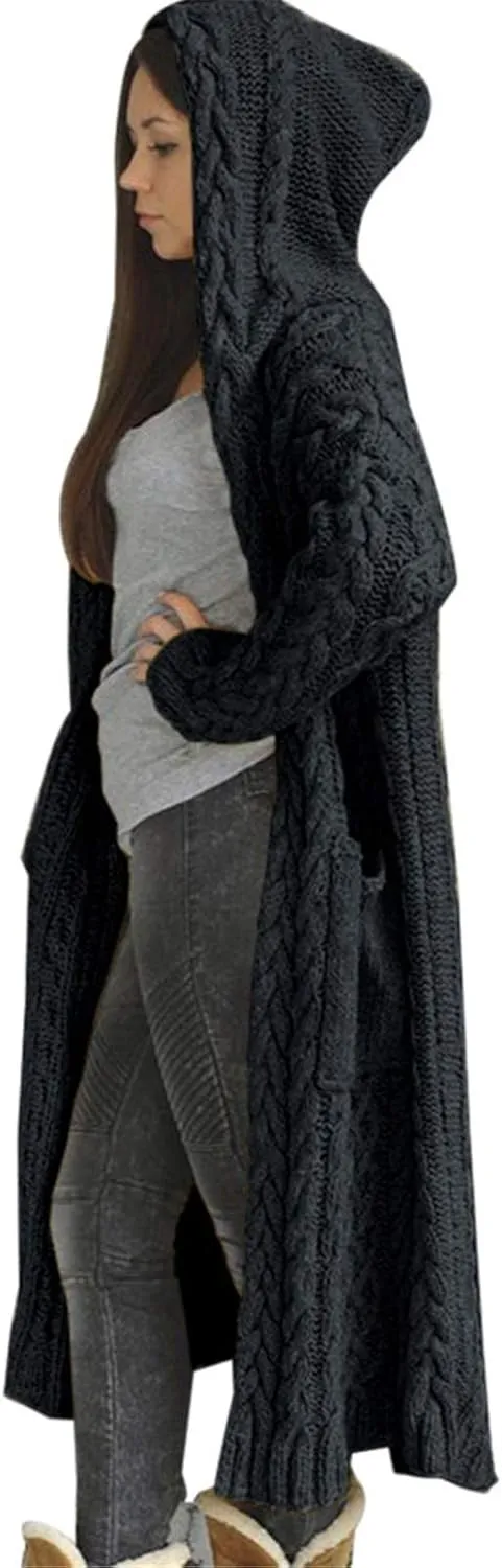 Womens Long Cardigan Sweaters Open Front Oversize Casual Cable Knit Hoodies Long Sleeve Fashion Winter Coats Pockets