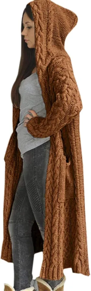 Womens Long Cardigan Sweaters Open Front Oversize Casual Cable Knit Hoodies Long Sleeve Fashion Winter Coats Pockets