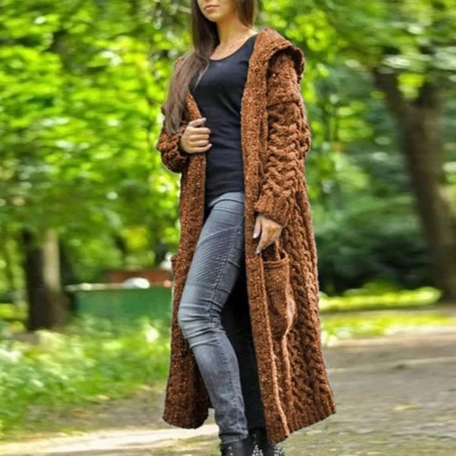 Womens Long Cardigan Sweaters Open Front Oversize Casual Cable Knit Hoodies Long Sleeve Fashion Winter Coats Pockets
