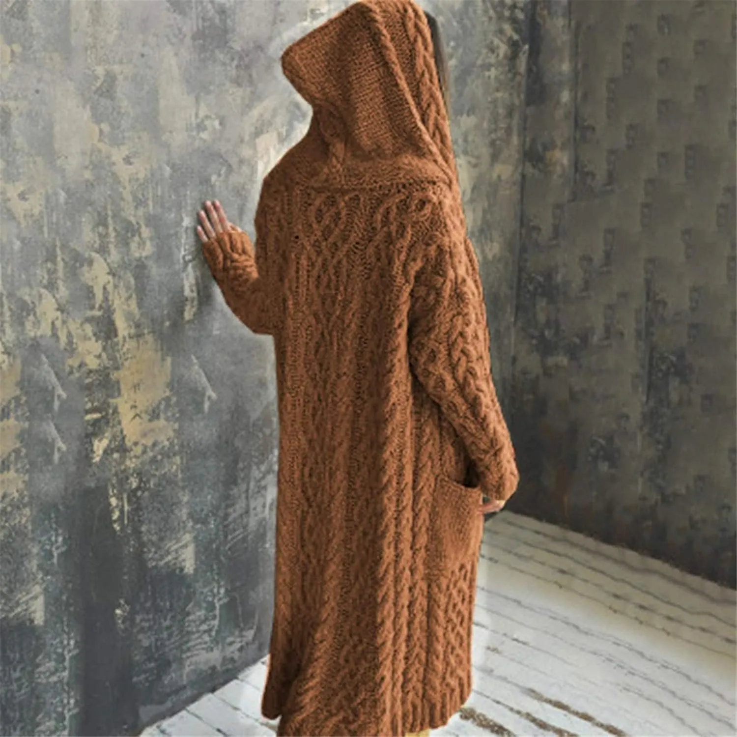 Womens Long Cardigan Sweaters Open Front Oversize Casual Cable Knit Hoodies Long Sleeve Fashion Winter Coats Pockets
