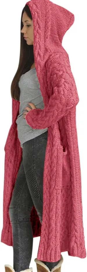 Womens Long Cardigan Sweaters Open Front Oversize Casual Cable Knit Hoodies Long Sleeve Fashion Winter Coats Pockets