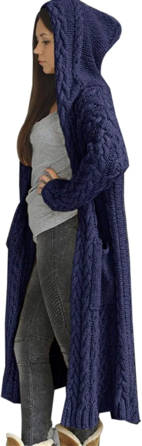 Womens Long Cardigan Sweaters Open Front Oversize Casual Cable Knit Hoodies Long Sleeve Fashion Winter Coats Pockets