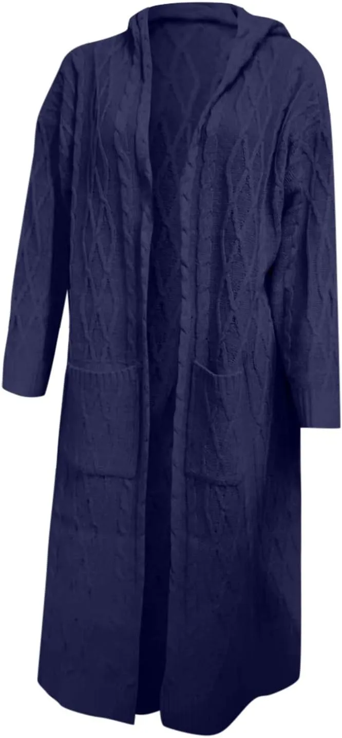 Womens Long Cardigan Sweaters Open Front Oversize Casual Cable Knit Hoodies Long Sleeve Fashion Winter Coats Pockets