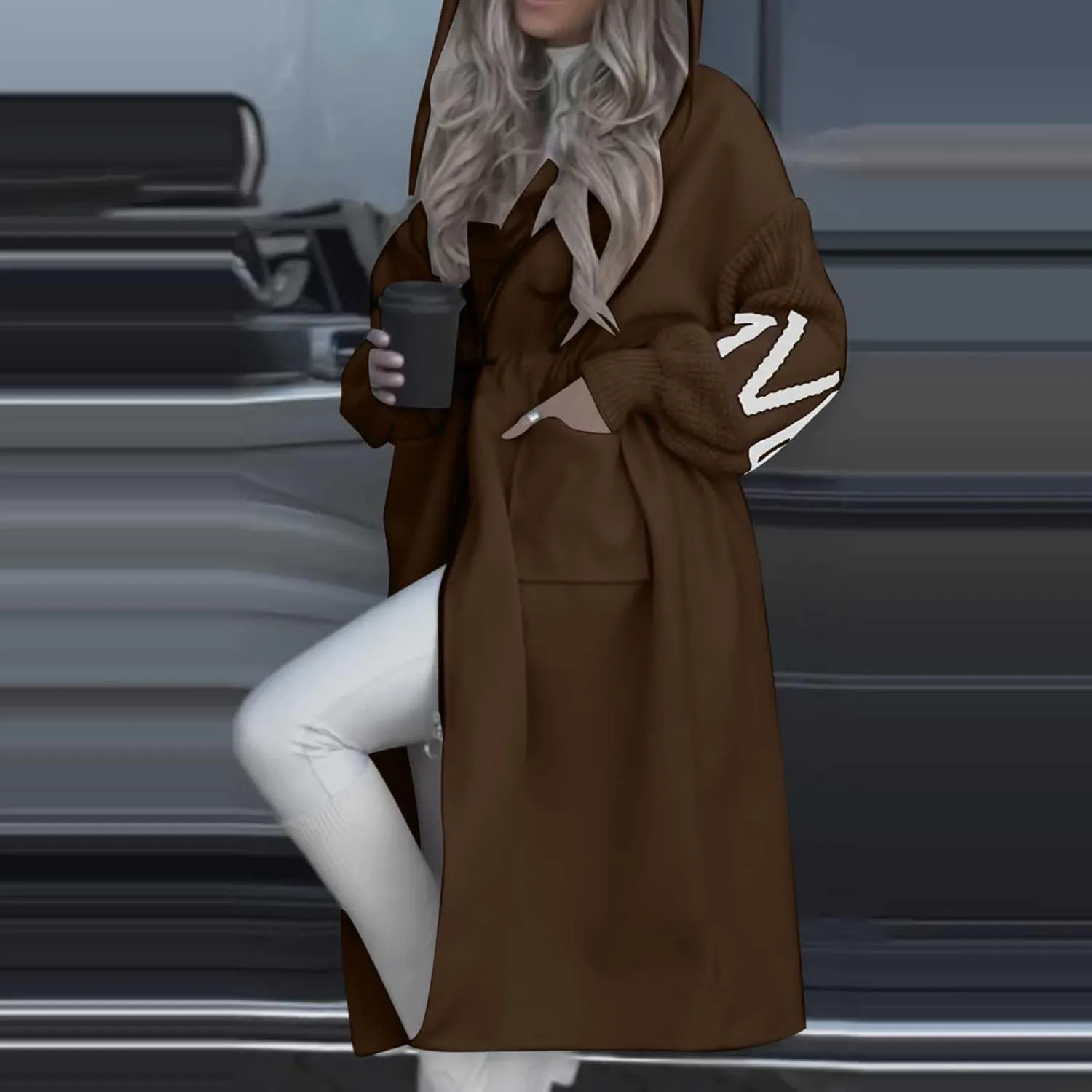 Womens Long Hoodie Coat Knee Length Oversized Zip Up Sweatshirt Jackets Winter Waist Drawstring Fleece Hooded Coat
