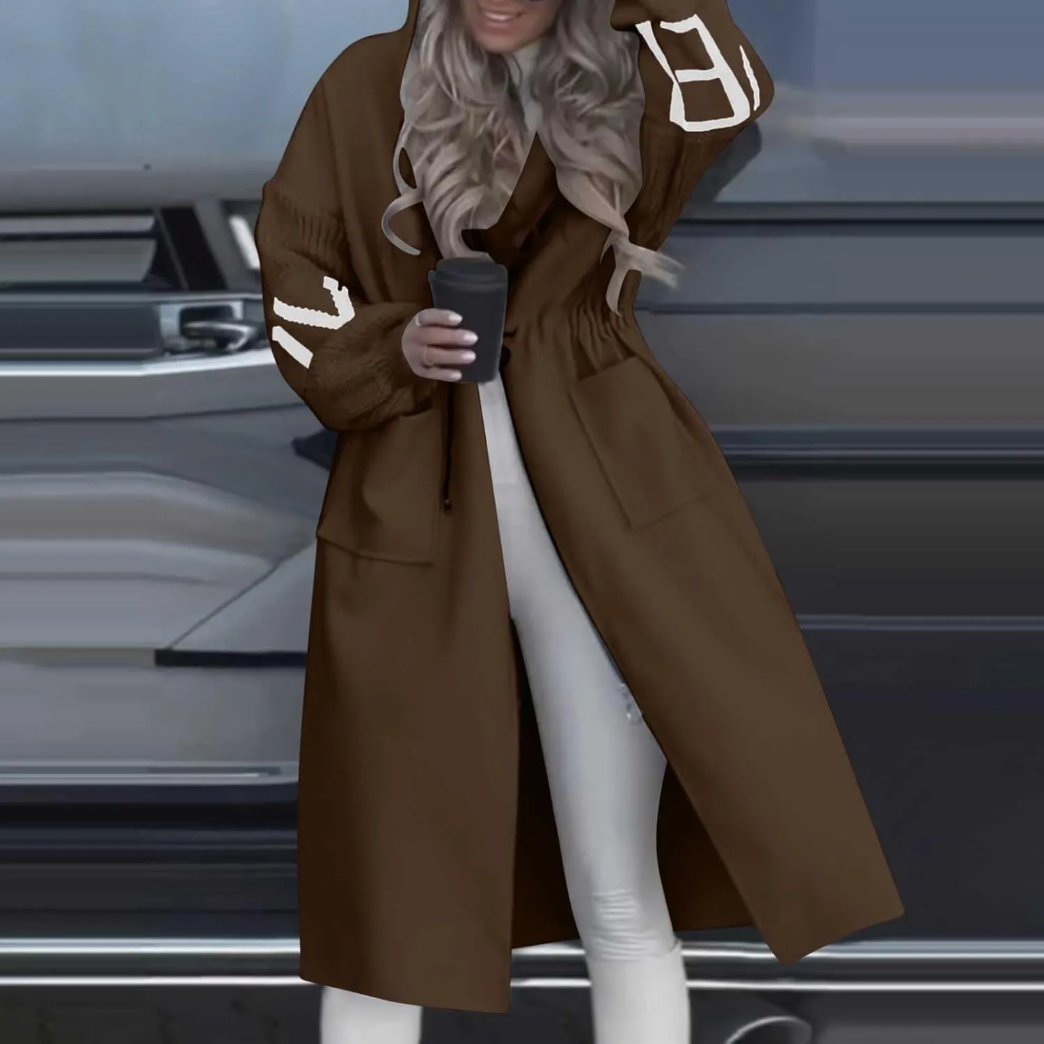 Womens Long Hoodie Coat Knee Length Oversized Zip Up Sweatshirt Jackets Winter Waist Drawstring Fleece Hooded Coat