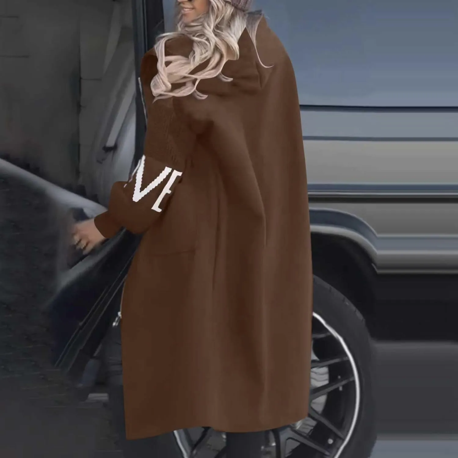 Womens Long Hoodie Coat Knee Length Oversized Zip Up Sweatshirt Jackets Winter Waist Drawstring Fleece Hooded Coat