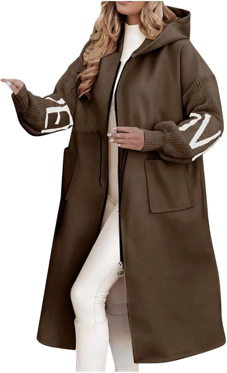 Womens Long Hoodie Coat Knee Length Oversized Zip Up Sweatshirt Jackets Winter Waist Drawstring Fleece Hooded Coat
