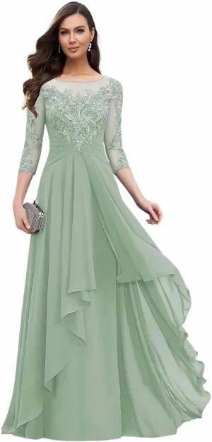Women's Long Sleeve Mother of The Bride Dresses for Wedding Chiffon Lace Formal Evening Party Gowns