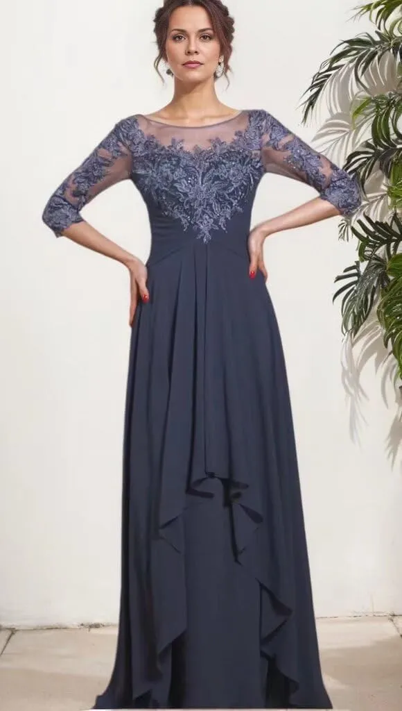 Women's Long Sleeve Mother of The Bride Dresses for Wedding Chiffon Lace Formal Evening Party Gowns