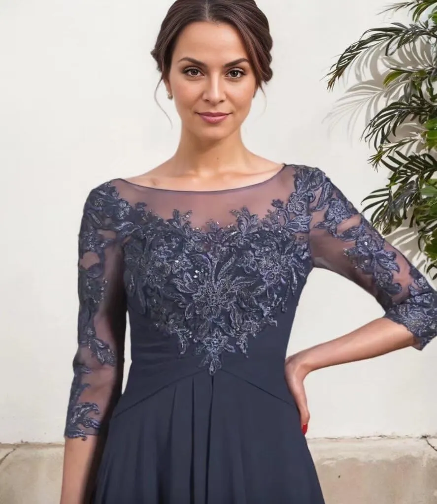 Women's Long Sleeve Mother of The Bride Dresses for Wedding Chiffon Lace Formal Evening Party Gowns