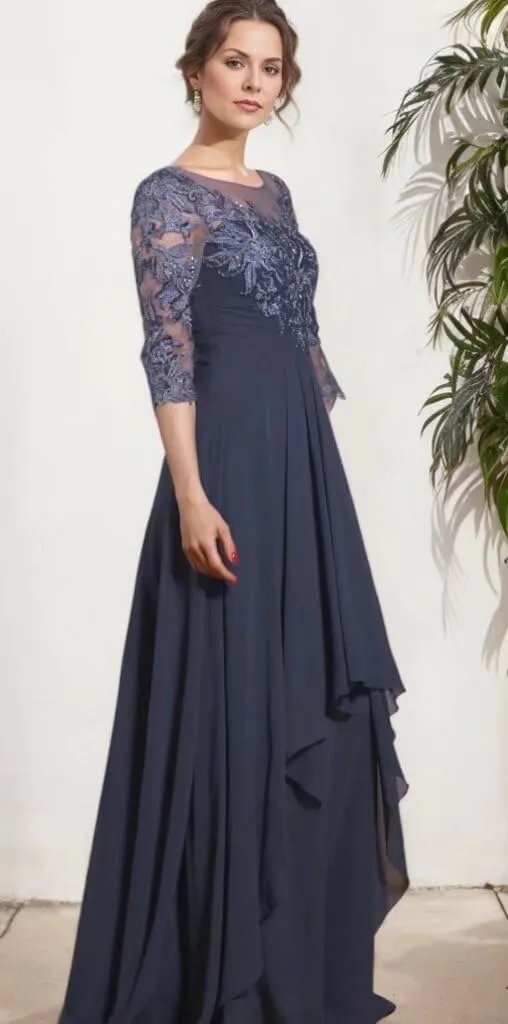 Women's Long Sleeve Mother of The Bride Dresses for Wedding Chiffon Lace Formal Evening Party Gowns