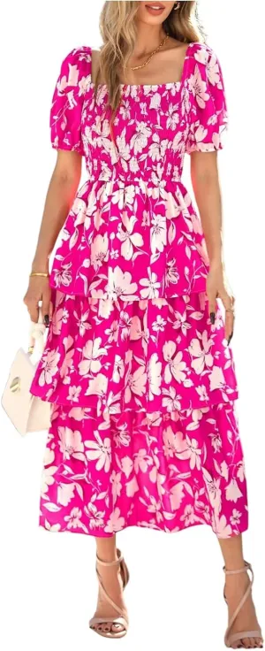 Womens Maxi Dresses Summer Square Neck Dressy Short Sleeve Trendy Beach Belted Long Dresses