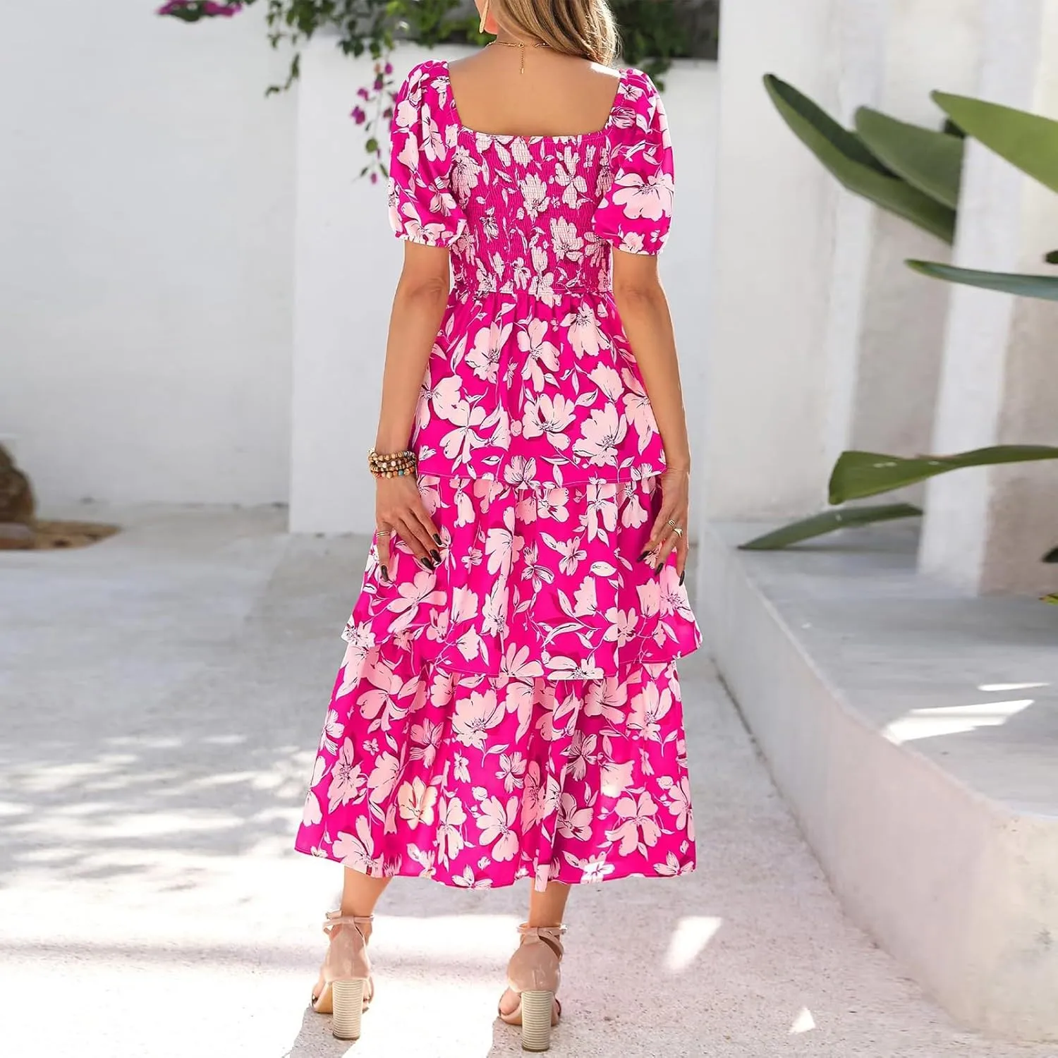 Womens Maxi Dresses Summer Square Neck Dressy Short Sleeve Trendy Beach Belted Long Dresses