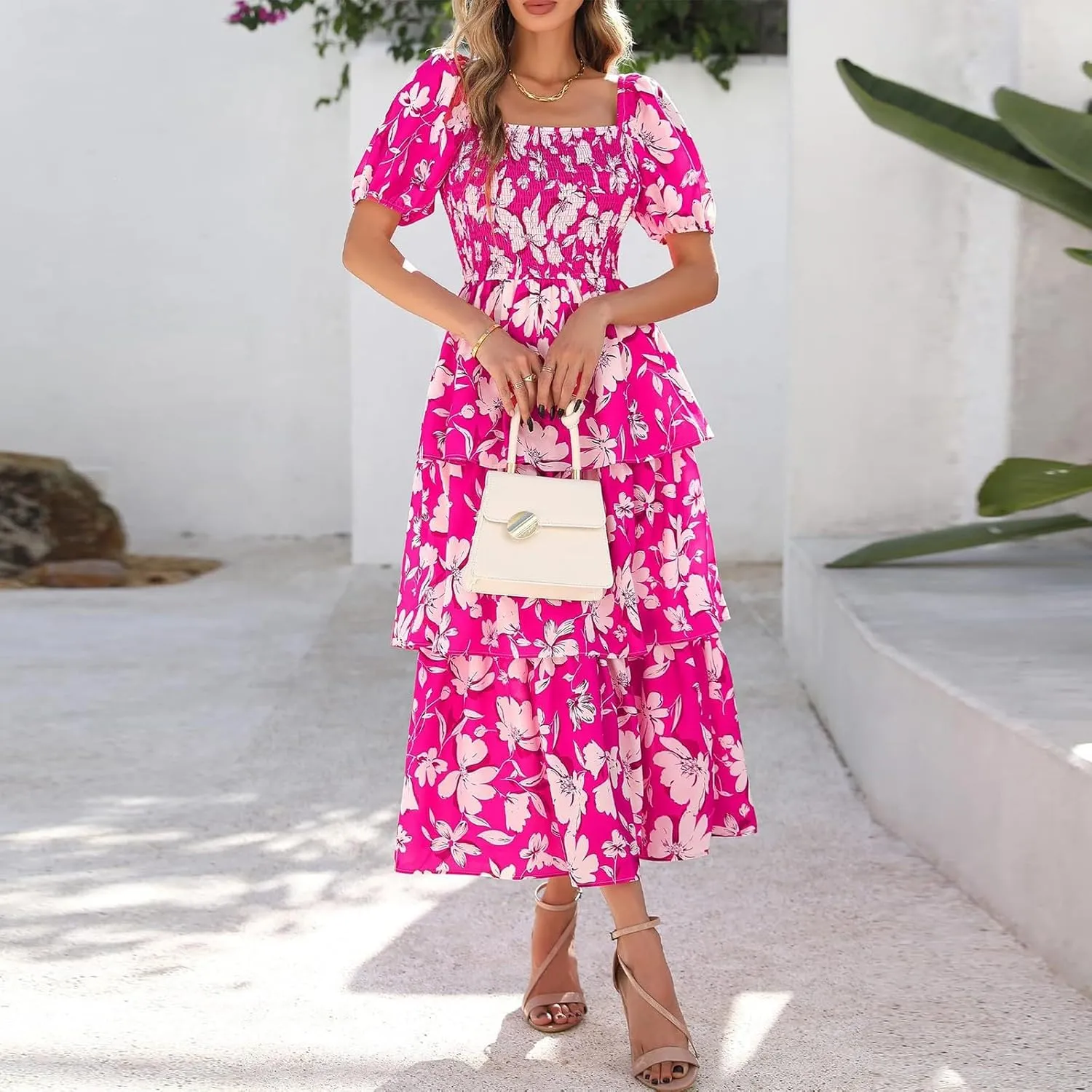Womens Maxi Dresses Summer Square Neck Dressy Short Sleeve Trendy Beach Belted Long Dresses