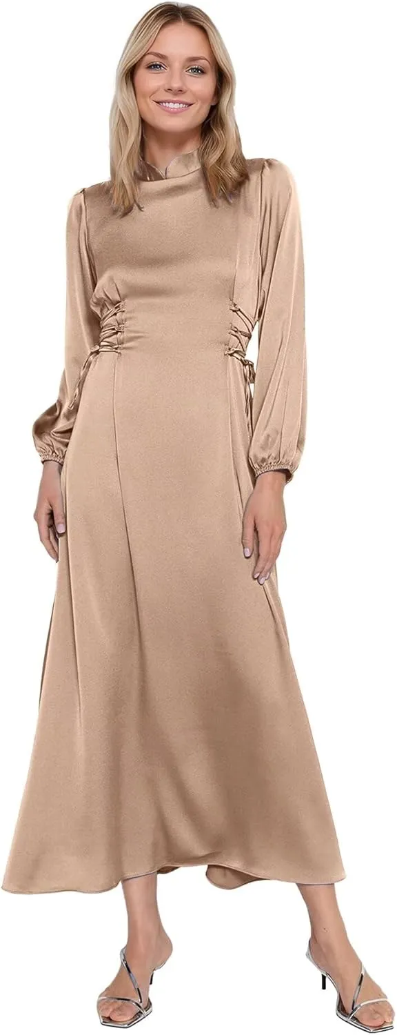 Women's Maxi Satin Bridesmaid Dresses 2025 Long Sleeves A-Line Prom Dresss for Wedding Party Tie Formal Gowns DR0726
