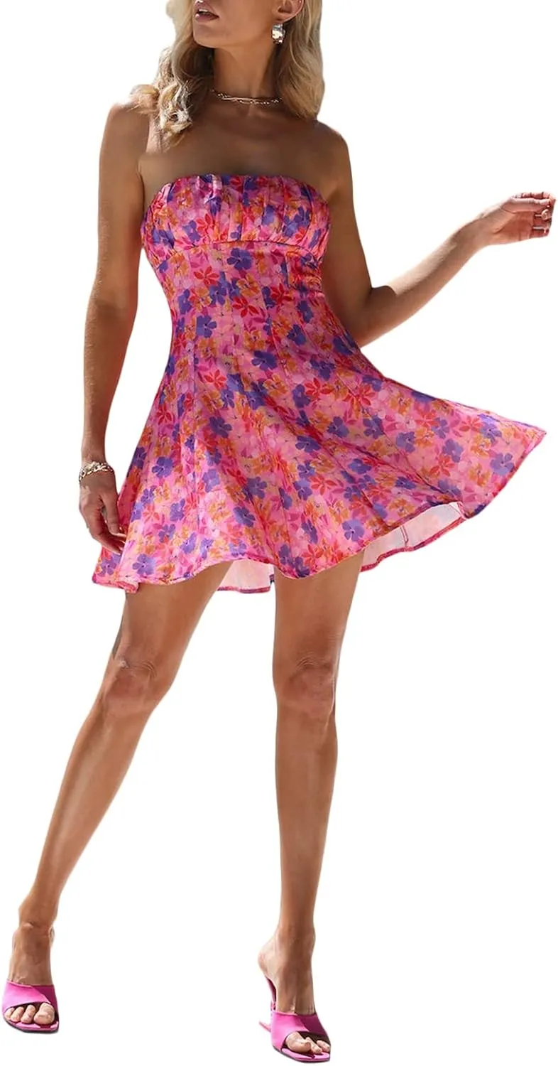 Women's Off Shoulder Sleeveless Dress Floral Strapless Tube Top Mini Dresses Ruffle Going Out Cocktail Party Streetwear