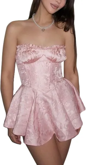 Women's Off Shoulder Sleeveless Dress Floral Strapless Tube Top Mini Dresses Ruffle Going Out Cocktail Party Streetwear