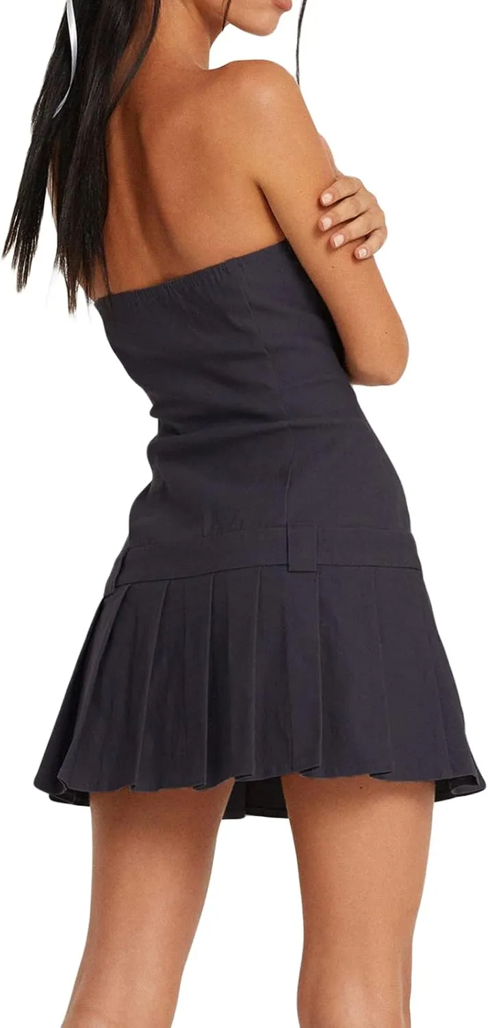 Women's Off Shoulder Sleeveless Dress Floral Strapless Tube Top Mini Dresses Ruffle Going Out Cocktail Party Streetwear