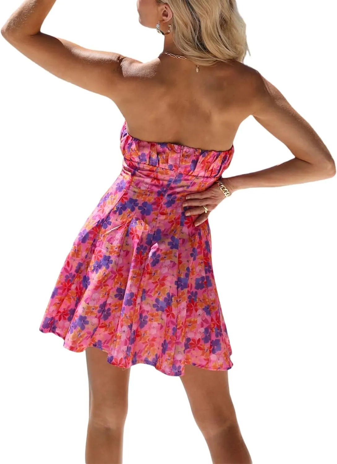 Women's Off Shoulder Sleeveless Dress Floral Strapless Tube Top Mini Dresses Ruffle Going Out Cocktail Party Streetwear