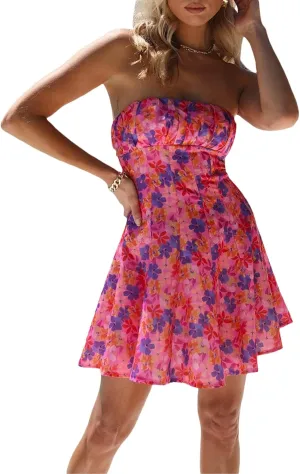 Women's Off Shoulder Sleeveless Dress Floral Strapless Tube Top Mini Dresses Ruffle Going Out Cocktail Party Streetwear
