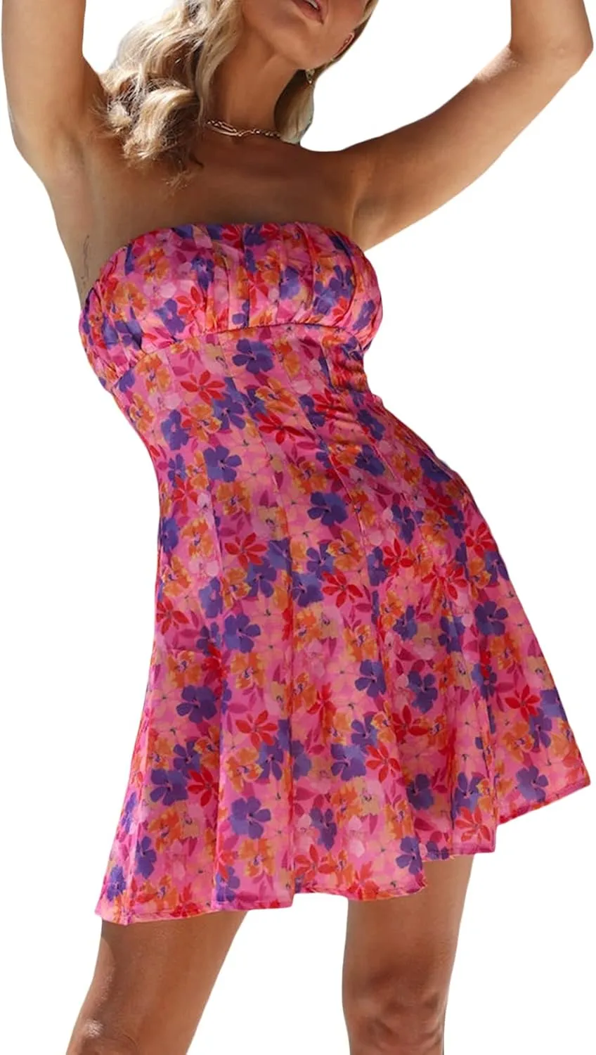 Women's Off Shoulder Sleeveless Dress Floral Strapless Tube Top Mini Dresses Ruffle Going Out Cocktail Party Streetwear