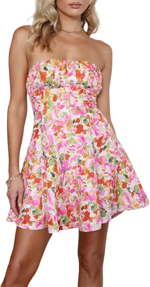 Women's Off Shoulder Sleeveless Dress Floral Strapless Tube Top Mini Dresses Ruffle Going Out Cocktail Party Streetwear