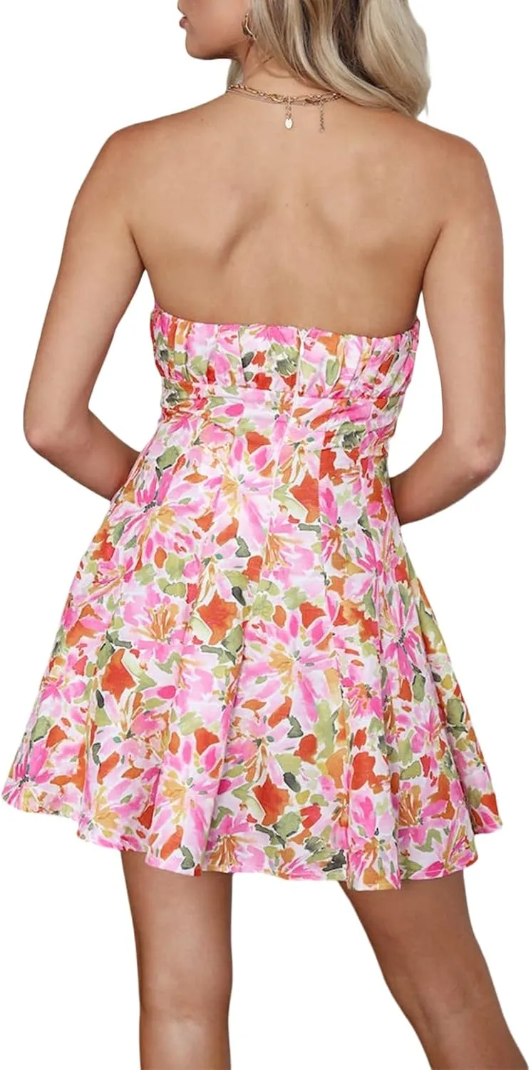 Women's Off Shoulder Sleeveless Dress Floral Strapless Tube Top Mini Dresses Ruffle Going Out Cocktail Party Streetwear