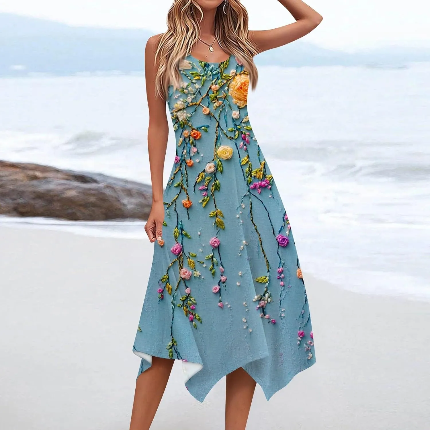 Womens Off Shoulder Sleeveless Midi Sundresses Smocked Flowy A Line Dress Formal Plus Size Casual Floral Tank Dress