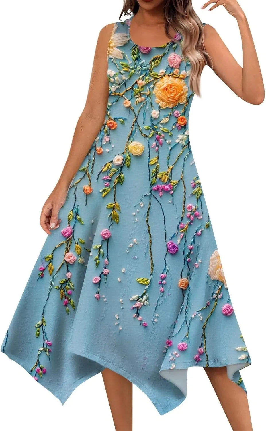 Womens Off Shoulder Sleeveless Midi Sundresses Smocked Flowy A Line Dress Formal Plus Size Casual Floral Tank Dress