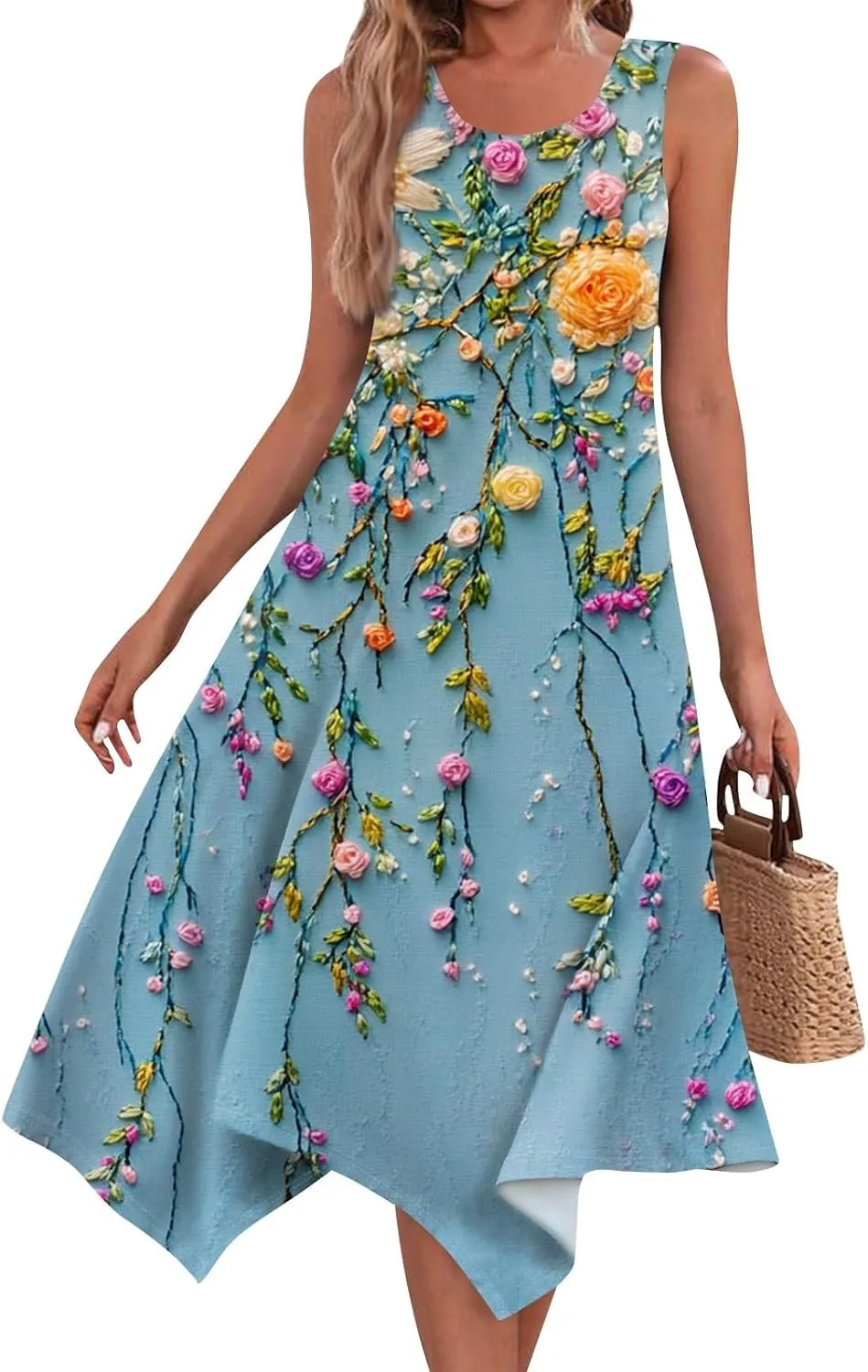 Womens Off Shoulder Sleeveless Midi Sundresses Smocked Flowy A Line Dress Formal Plus Size Casual Floral Tank Dress