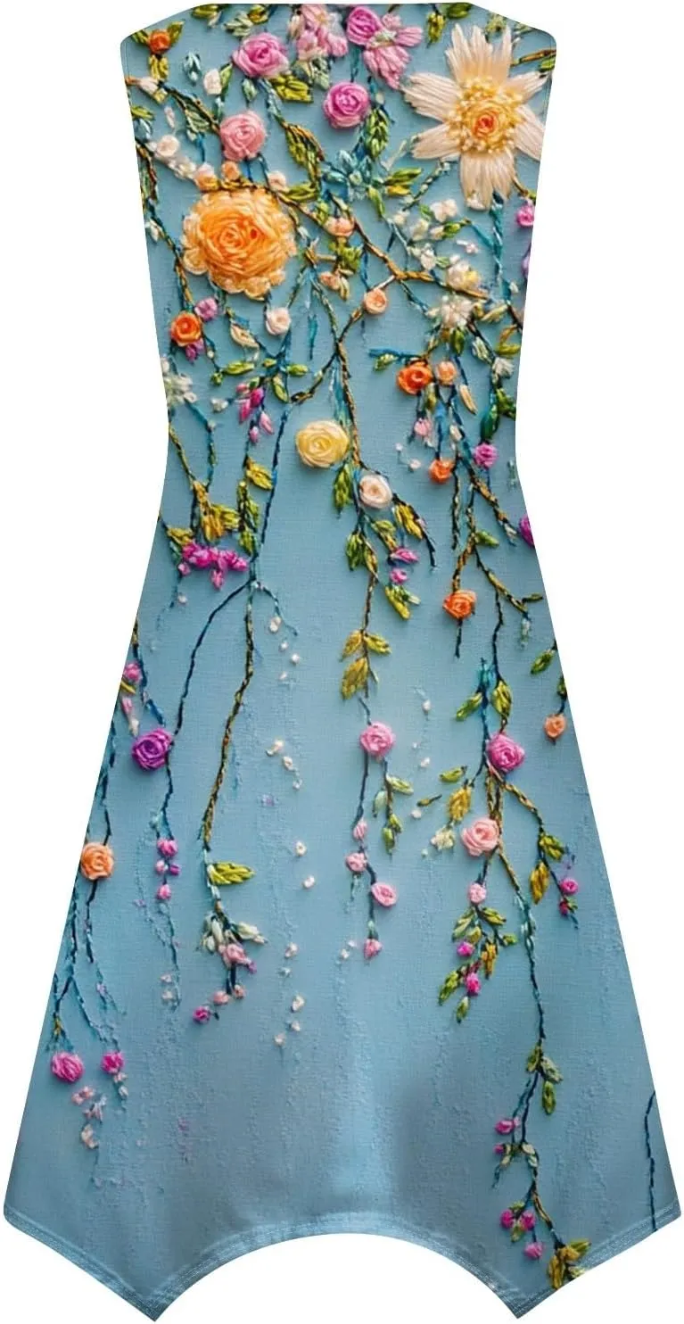Womens Off Shoulder Sleeveless Midi Sundresses Smocked Flowy A Line Dress Formal Plus Size Casual Floral Tank Dress