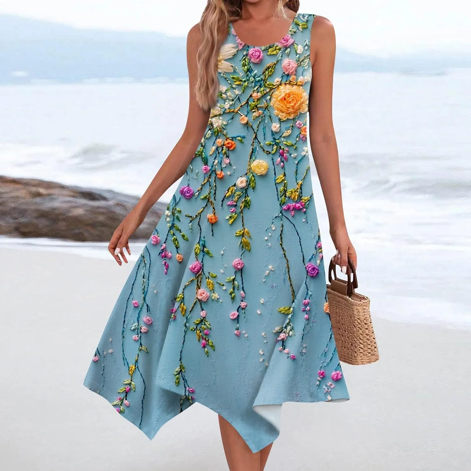 Womens Off Shoulder Sleeveless Midi Sundresses Smocked Flowy A Line Dress Formal Plus Size Casual Floral Tank Dress