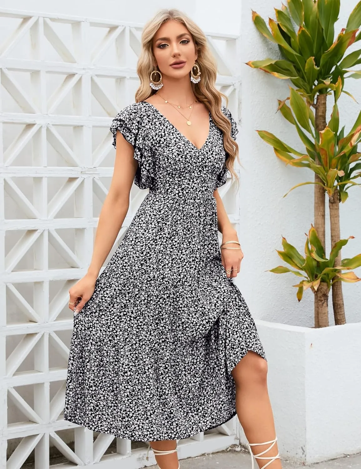 Womens Off Shoulder Summer Dresses Square Neck Short Sleeve Tie Backless Ruffle A Line Casual Layer Mini Dress