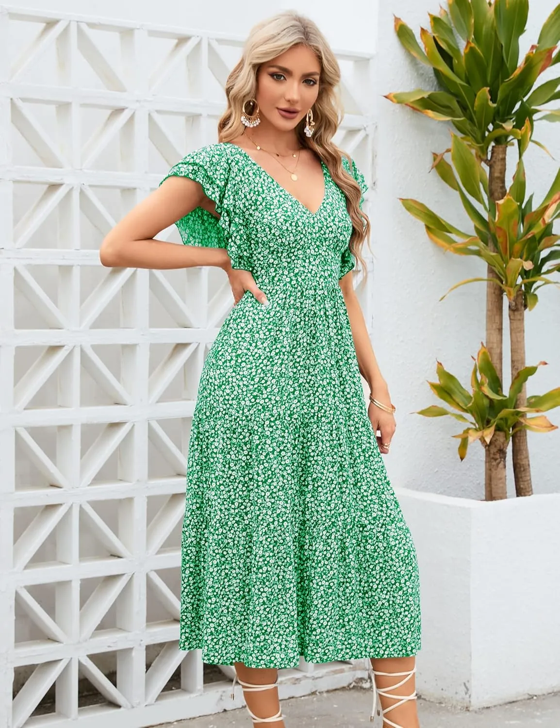 Womens Off Shoulder Summer Dresses Square Neck Short Sleeve Tie Backless Ruffle A Line Casual Layer Mini Dress