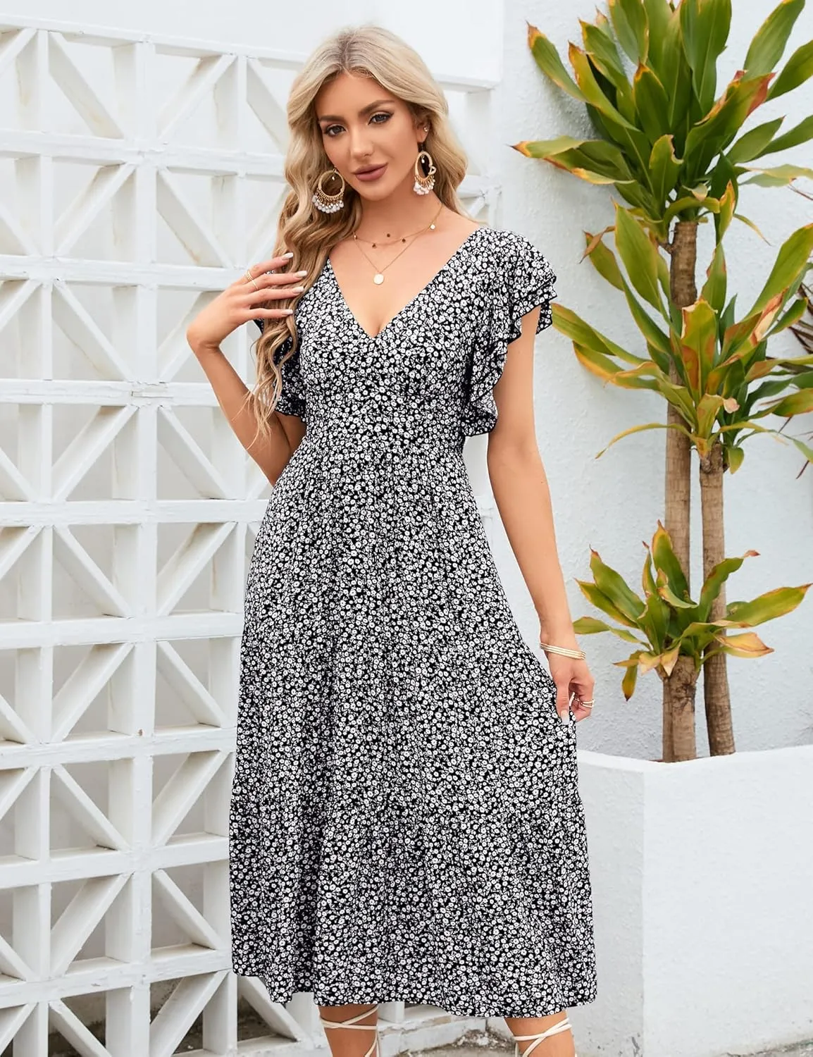 Womens Off Shoulder Summer Dresses Square Neck Short Sleeve Tie Backless Ruffle A Line Casual Layer Mini Dress
